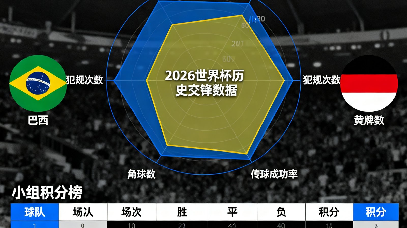 2026世界杯球队历史交锋数据雷达图，展示巴西与德国近十年交锋数据对比，包含控球率、射门转化率、传球成功率等六维度雷达分析图以及小组积分榜表格。